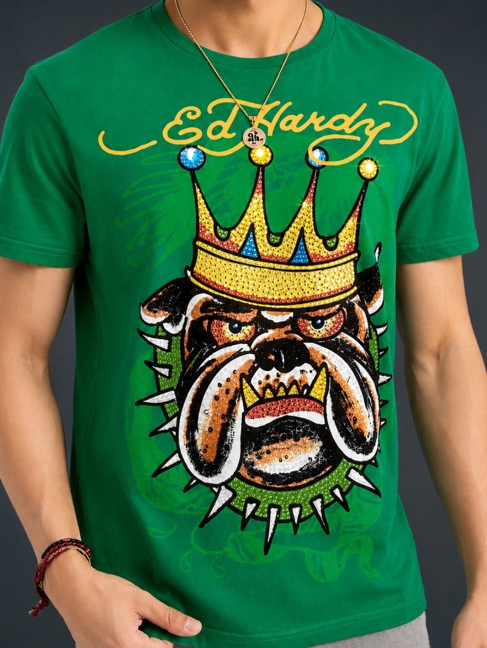 RHINESTONE Ed Hardy MENS SMALL GREEN BULLDOG Graphic Tee NWT Y2K SHIRT